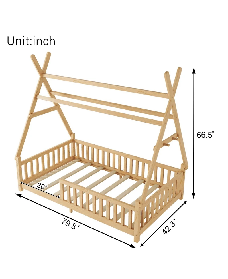 Rainsken Montesori Floor Bed for Kids, with Light and Slats, Wood Teepee Bed, Low House No Box Spring Needed