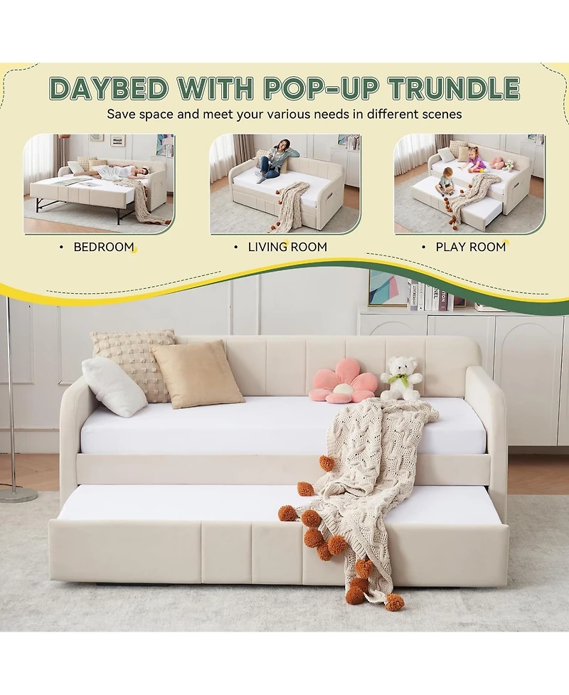 Rainsken Twin Daybed with Trundle, Velvet Upholstered Sofa Bed Frame Usb Port, Side Pockets and Wood Slat Support for Living Room