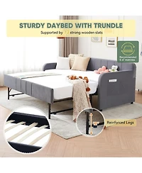 Rainsken Twin Daybed with Trundle, Velvet Upholstered Sofa Bed Frame with Usb Port, Side Pockets and Wood Slat Support for Living Room