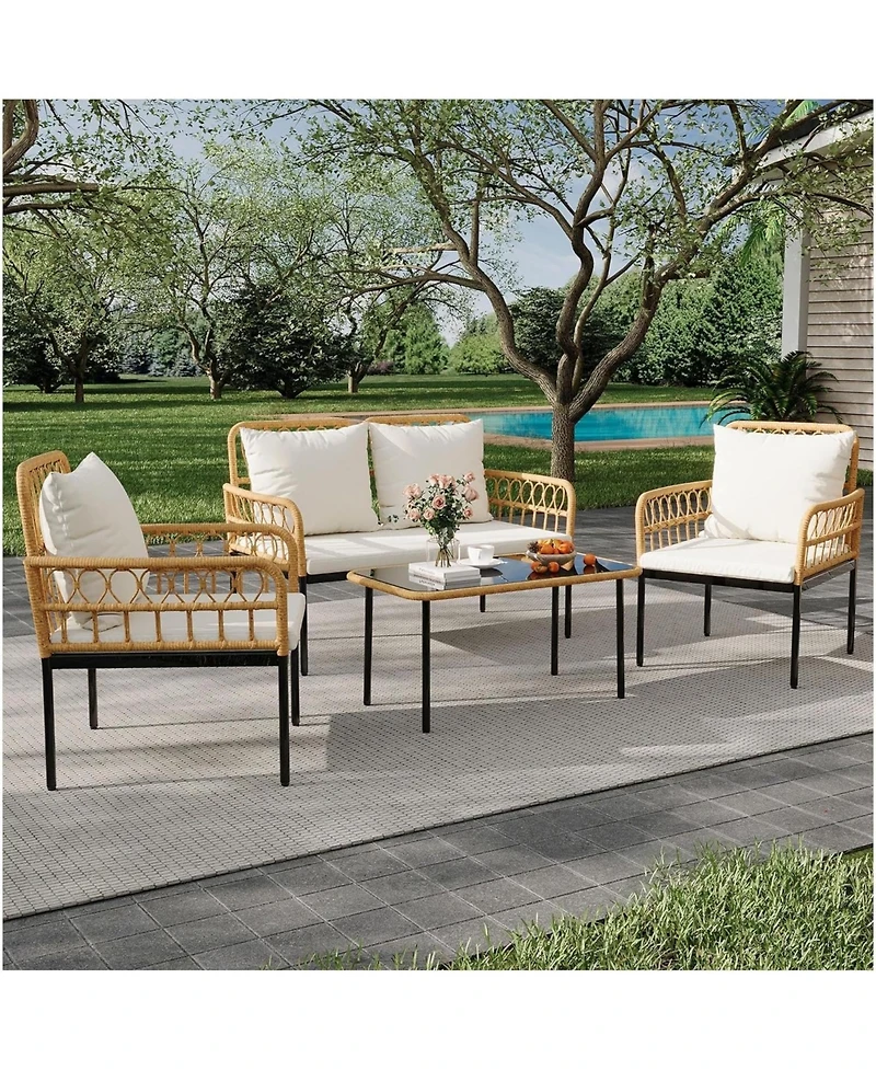 gaomon 4-Piece Patio Seating Set with Glass Coffee Table, Wicker and Cushions