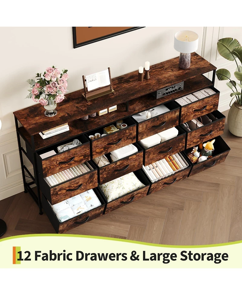 gaomon 63" Dresser with 12 Drawers, Tv Stand for 55-70 Inch Tv, Fabric Dresser for Living Room, Long Chest of Drawers with Open Shelves