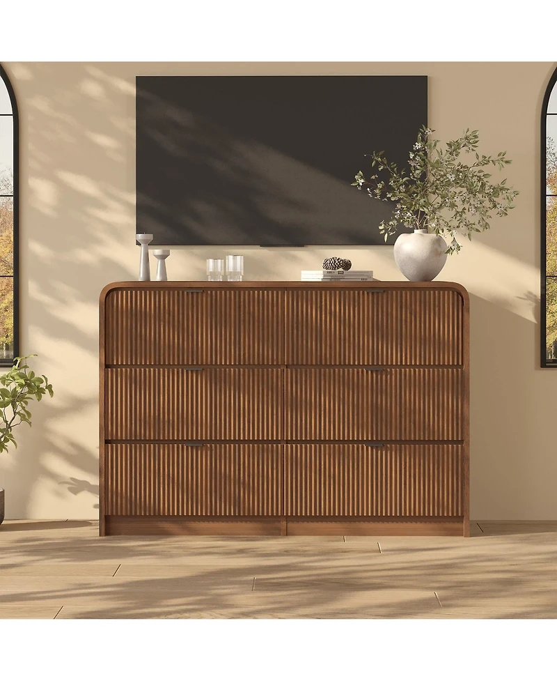 gaomon Fluted 6 Drawer Dresser, Modern Bedroom Dresser with Rounded Edge, Walnut Wood Color Wide Chest of Drawers, for Living Room, Hallway