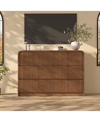 gaomon Fluted 6 Drawer Dresser, Modern Bedroom Dresser with Rounded Edge, Walnut Wood Color Wide Chest of Drawers, for Living Room, Hallway