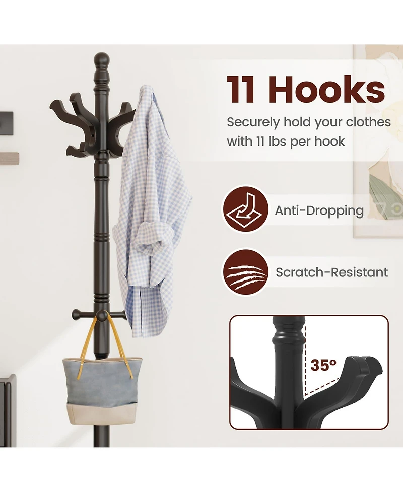 Yigii Solid Wood Coat Rack Freestanding Hall Tree 3 Adjustable Heights 11 Hooks Rubber Frame Entryway Hanger Stand