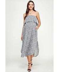 Hello Miz Maternity Floral Strapless Ruffle Overlay Midi Dress with Side Slit