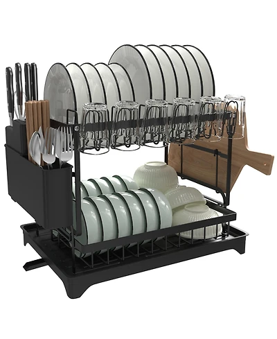 2 Tier Anti-Rust Dish Drying Rack with Drainage Spout for Kitchen