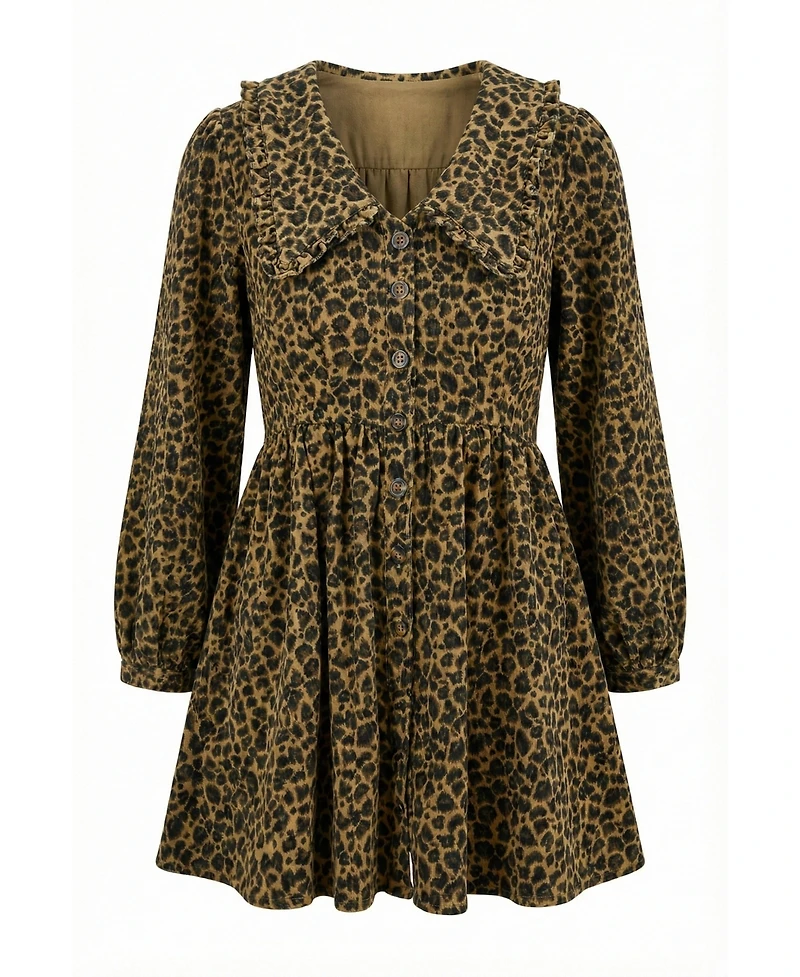 Modenaire Women's Leopard Print Oversized Collar Long Sleeve Mini Dress
