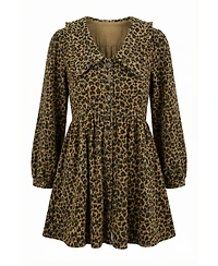 Modenaire Women's Leopard Print Oversized Collar Long Sleeve Mini Dress