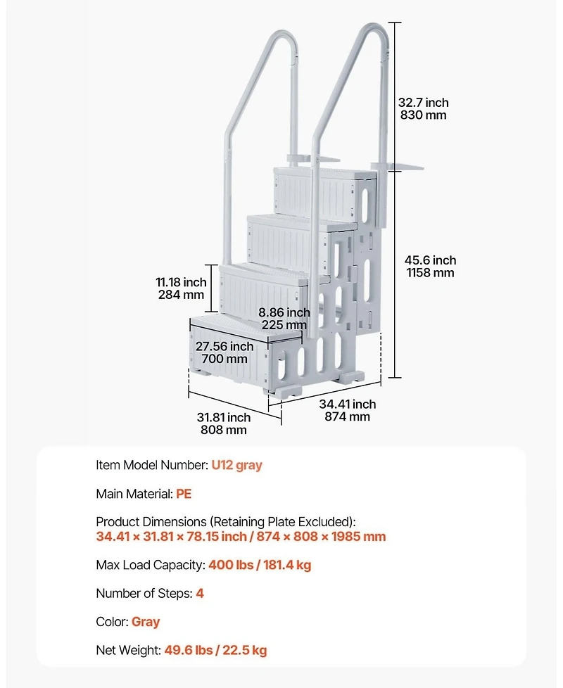 Inolait 4-Step Swimming Pool Ladder with Non-Slip Steps and Double Handrails 400 lbs Capacity