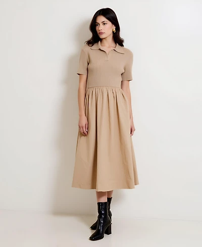 Modenaire Women's Polo Collar Short Sleeve Sweater Midi Dress