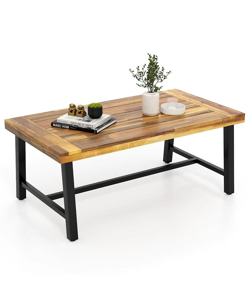 Sugift Acacia Wood Coffee Table with Thickened Top and Heavy-duty Metal Legs