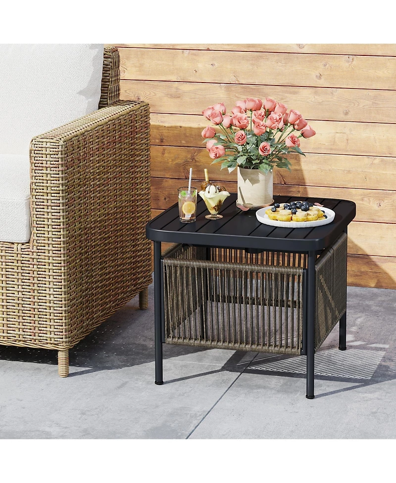 Sugift Outdoor Side Table with Umbrella Hole and Storage Shelf