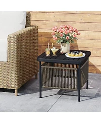 Sugift Outdoor Side Table with Umbrella Hole and Storage Shelf