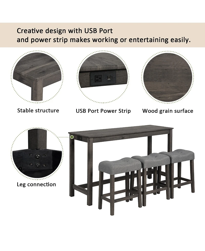 Rainsken Bar Table and Chairs Set of 4, Industrial Height Dining with 3 Padded Stools Power Outlet for Living Room