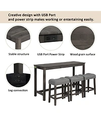 Rainsken Bar Table and Chairs Set of 4, Industrial Height Dining with 3 Padded Stools Power Outlet for Living Room