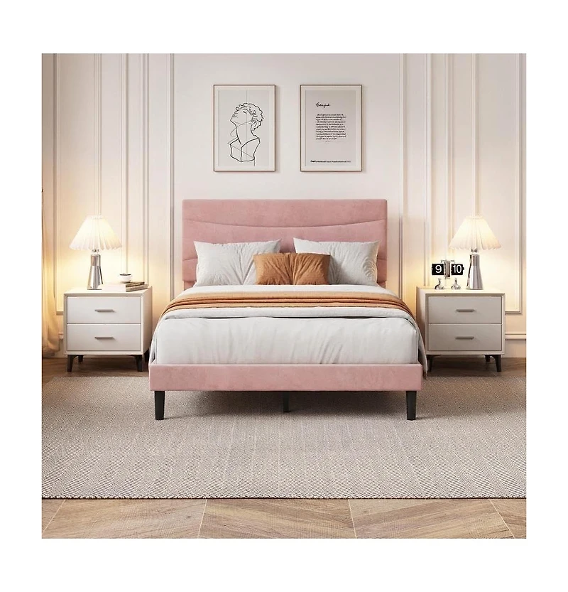 gaomon Upholstered Platform Bed Frame with Headboard - Mdf and Wood Slat Support, Quiet, Easy Assembly