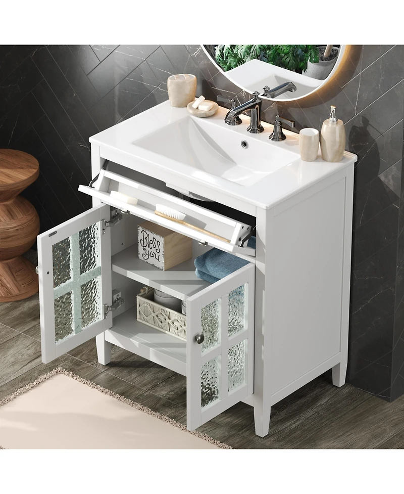 Busdays Bathroom Vanity with Ceramic Sink Adjustable Shelf Tip Out Tray Solid Wood Legs Metal Knobs Soft Close Hinges White Freestanding Cabinet