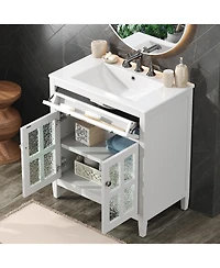 Busdays Bathroom Vanity with Ceramic Sink Adjustable Shelf Tip Out Tray Solid Wood Legs Metal Knobs Soft Close Hinges White Freestanding Cabinet