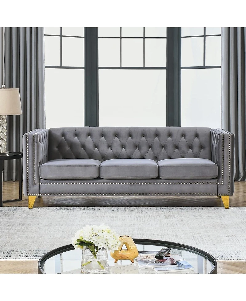 Maison Boucle 80.5'' Velvet Chesterfield Sofa Couch, Tufted 3-Seater, Nailhead Trim