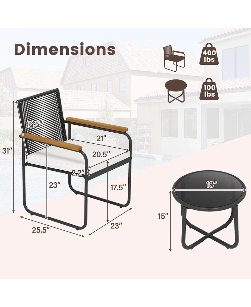 Sugift 3 Piece Patio Wicker Furniture Set with Glass Top Table