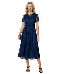 Modenaire Women's Lace Midi Dress with Sheer Short Sleeves and Velvet Waistband