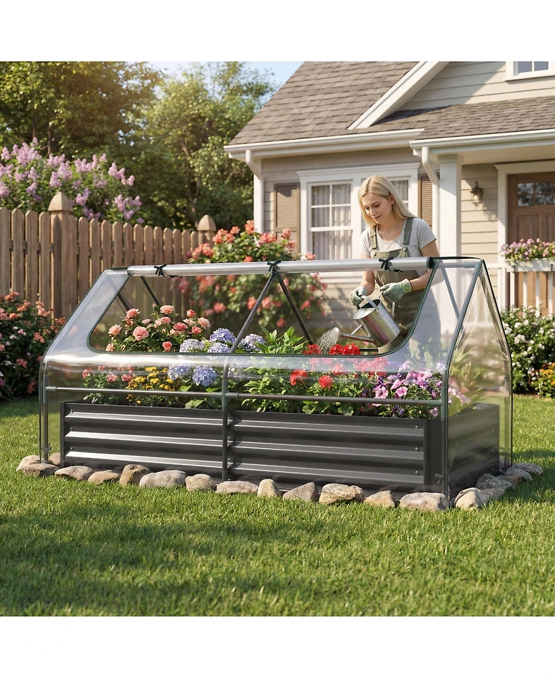 Gymax Raised Garden Bed with Cover 69'' x 33'' x 12'' Planter Box with Mini Greenhouse