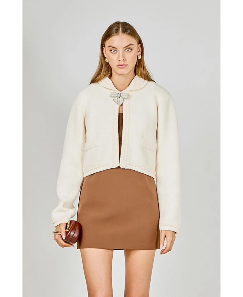 endless rose Women's Cardigan Featuring Braided Trim And Bow Accents