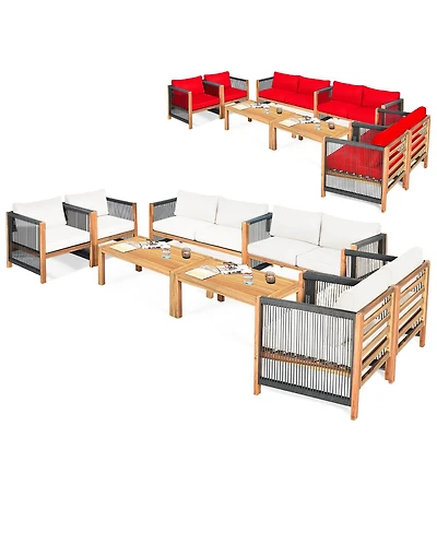 Costway 8 Pcs Wood Outdoor Patio Furniture Set with Cushions Cover Sets