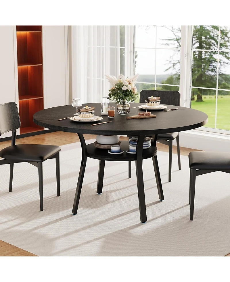 gaomon 47" Round Dining Table for 4-6, Wood Kitchen with Shelf Farmhouse Circle Dinner