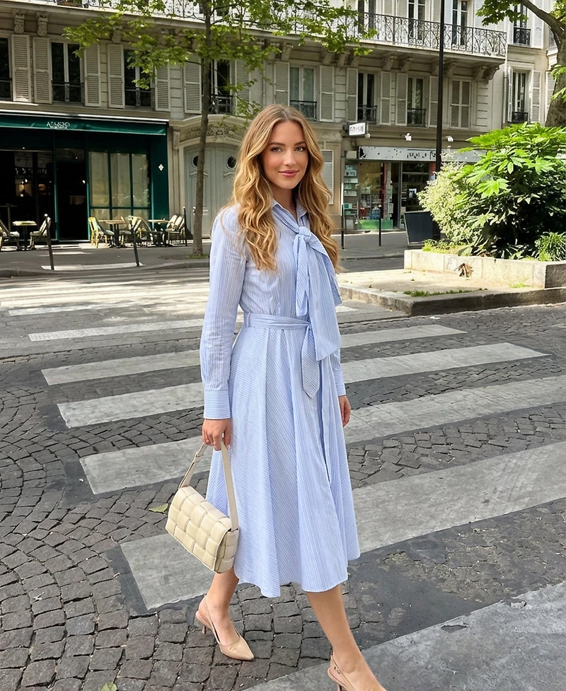 Modenaire Women's Striped Tie-Neck Bow Shirt Dress