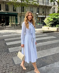 Modenaire Women's Striped Tie-Neck Bow Shirt Dress