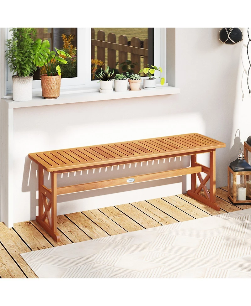 Gymax 2 Pcs 51 Inches Acacia Wood Outdoor Bench Slatted Seat and X-Shaped Frame