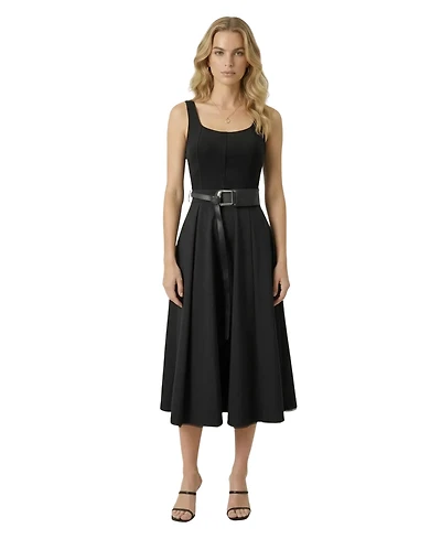 Modenaire Women's Belted Scoop-Neck Midi Dress