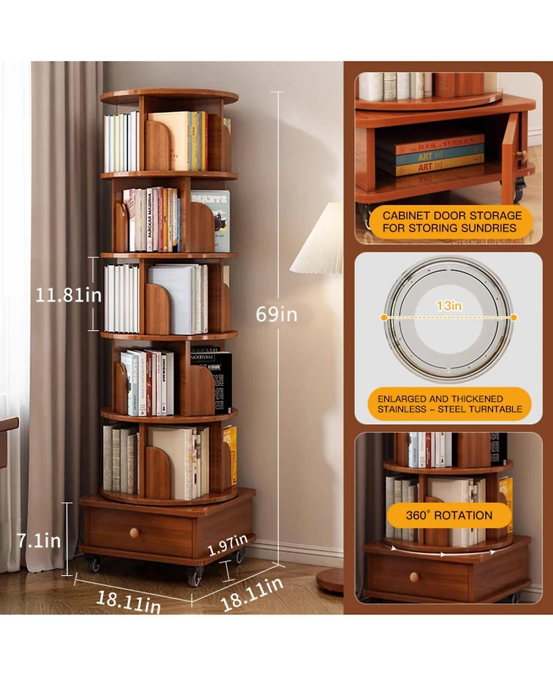 Rainsken 5 Tier Rotating Bookshelf, with Cabinet On Wheel, 360degree(s) Display Spinning Corner Book Shelf Tower, for Bedroom, Living Room, Study Room