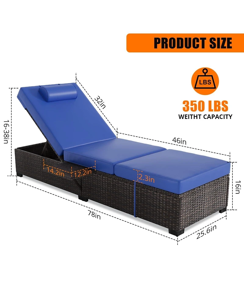 homfan Outdoor Pe Wicker Chaise Lounge Chairs Set of 2, Adjustable Reclining Brown with Cushions, Removable Table Top, Ideas for Patio, Poolside