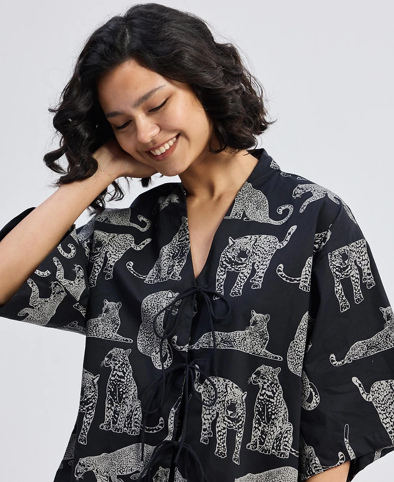 Reistor Women's Oversized Shirt with Front-ties Animal Print