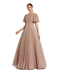Mac Duggal Women's Pleated Shimmering Georgette Flutter Sleeve Gown