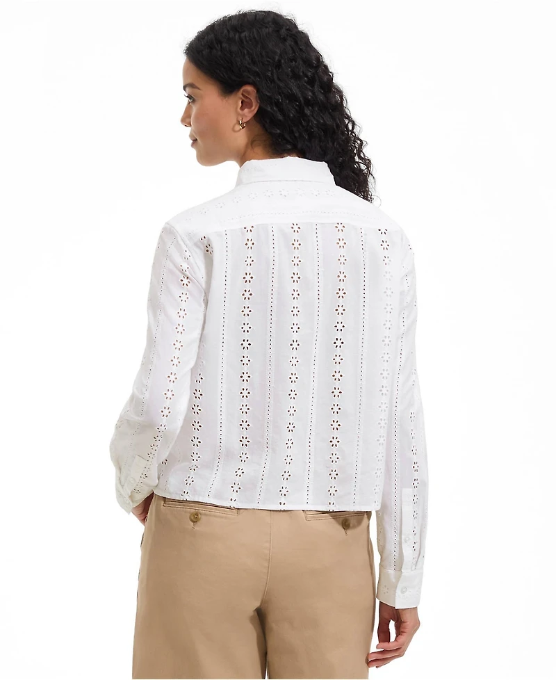 Lands' End Women's Eyelet Cropped Button Front Shirt