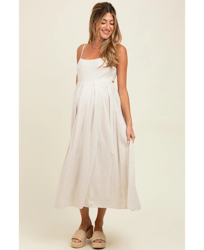 Pinkblush Maternity Beige Linen Ribbon Pattern Embroidered Midi Dress