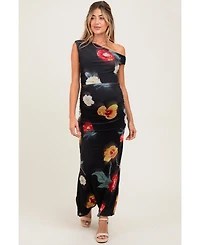 Pinkblush Maternity Black Mesh Floral One Shoulder Maxi Dress