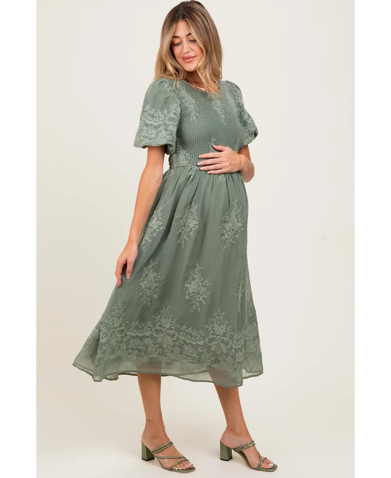 Pinkblush Maternity Light Olive Floral Lace Smocked Midi Dress