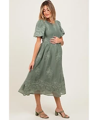 Pinkblush Maternity Light Olive Floral Lace Smocked Midi Dress