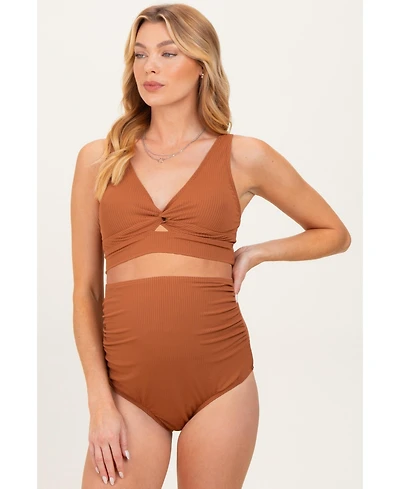 Pinkblush Maternity Rust Ribbed Twist Front Cutout Two Piece Swimsuit