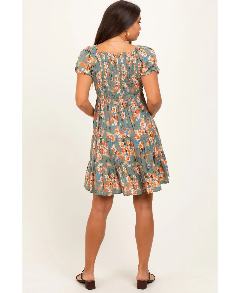 Pinkblush Maternity Olive Floral Smocked V-Neck Puff Sleeve Dress