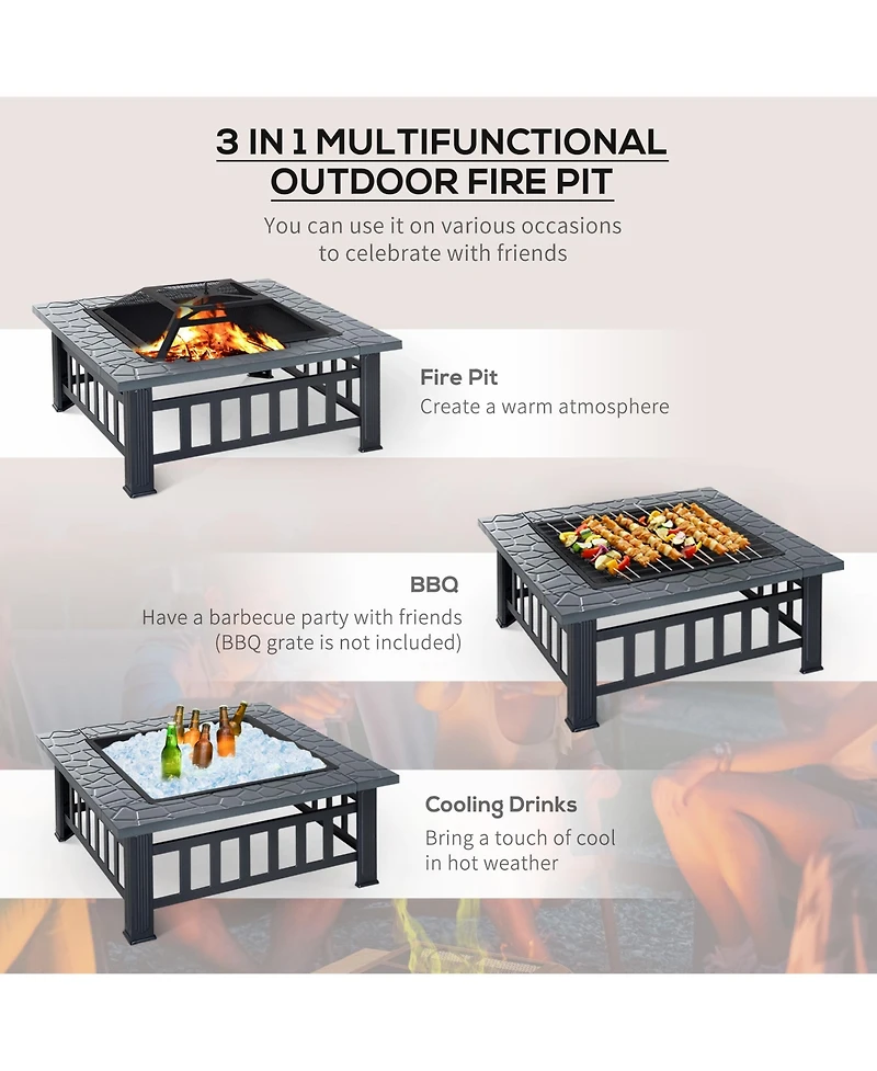 Outsunny 34" Fire Pit Outdoor Wood Burning Firepit Table w/ Log Grate, Poker