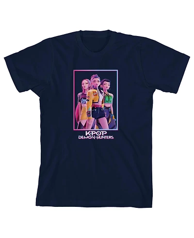 KPop Demon Hunters Boys Box Art Huntrix Youth Navy Crew Neck Short Sleeve