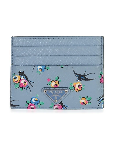 Pre-Owned Prada Light Blue Astral Swallow Saffiano Card Holder