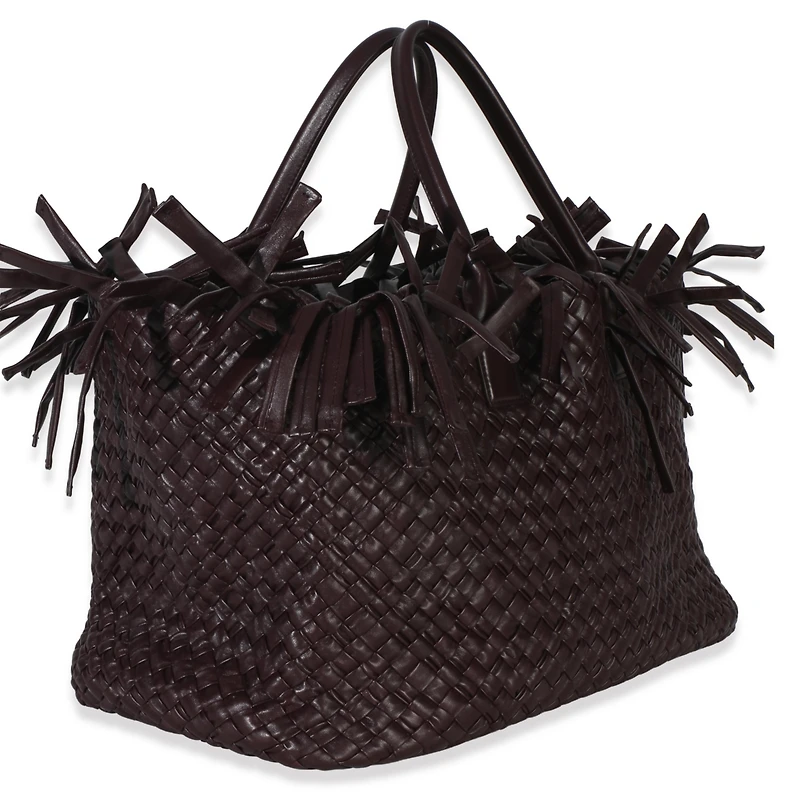 Pre-Owned Bottega Veneta Burgundy Nappa Intrecciato Fringe Oversized Cabat Tote