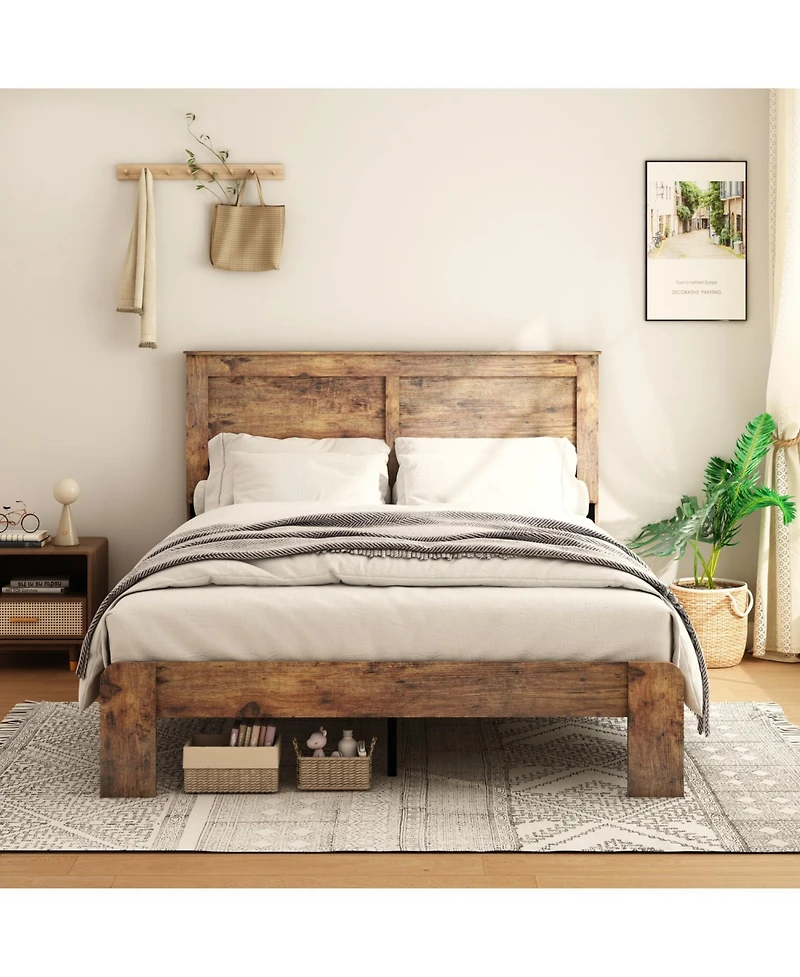 Rainsken Wood Bed Frame with Headboard, Rustic Farmhouse Platform Bed Frame, 12 Wood Slats Support, No Box Spring Needed