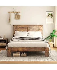 Rainsken Wood Bed Frame with Headboard, Rustic Farmhouse Platform Bed Frame, 12 Wood Slats Support, No Box Spring Needed